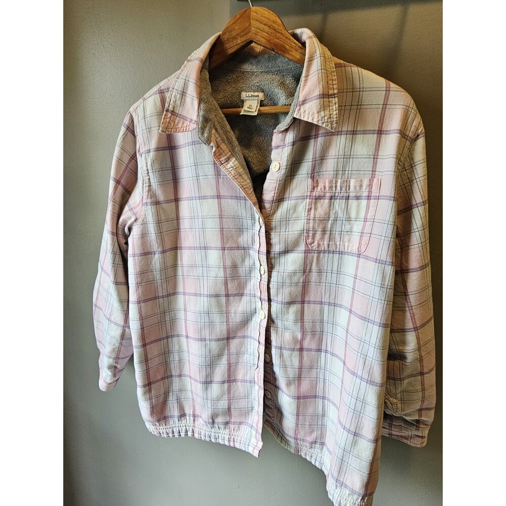 LL Bean Fleece Lined Flannel Shirt Jacket Pink Plaid XL 285013 Womens 2333